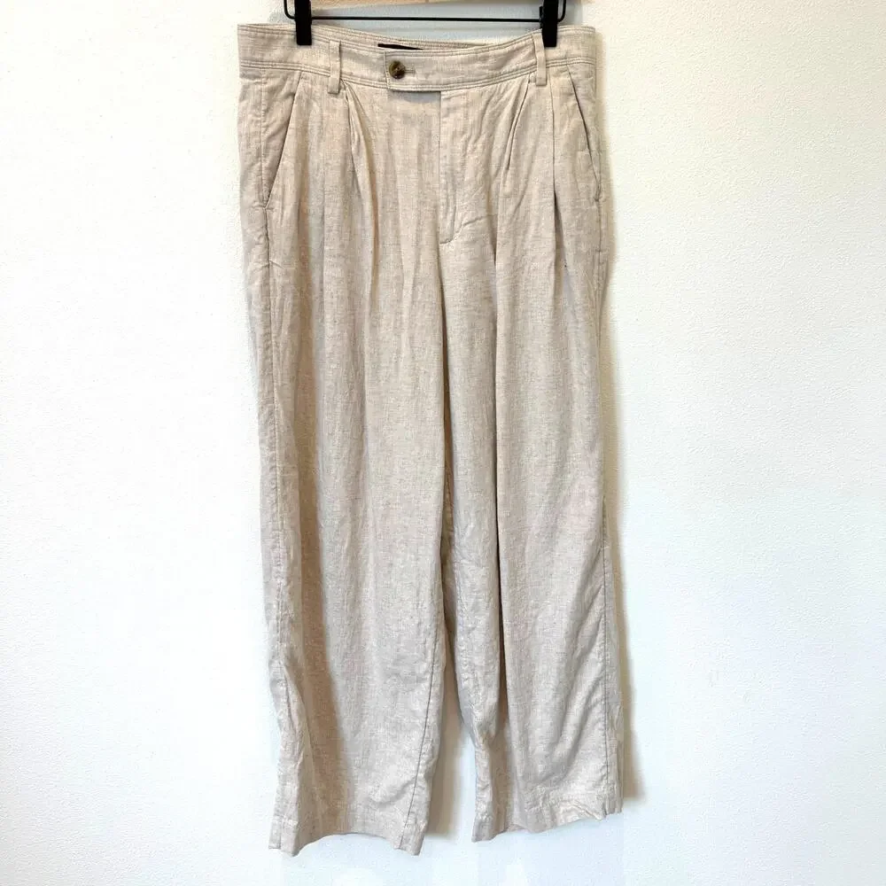 Banana Republic Wide Leg Linen Pants Flax Beige Pleated Trouser Workwear